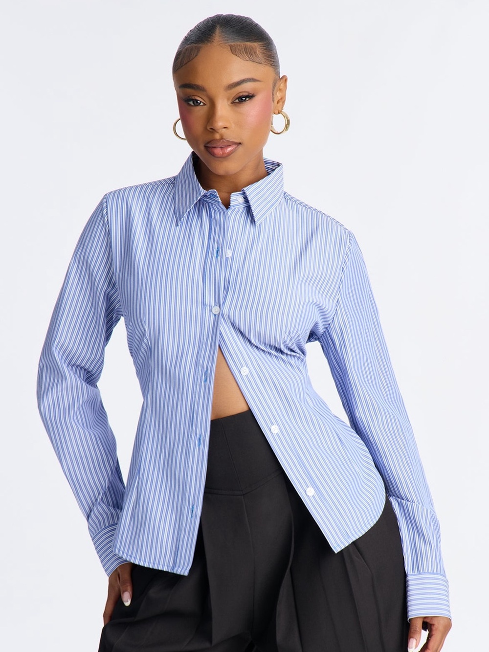 Fashion Nova Light Blue Striped Button-Down Shirt